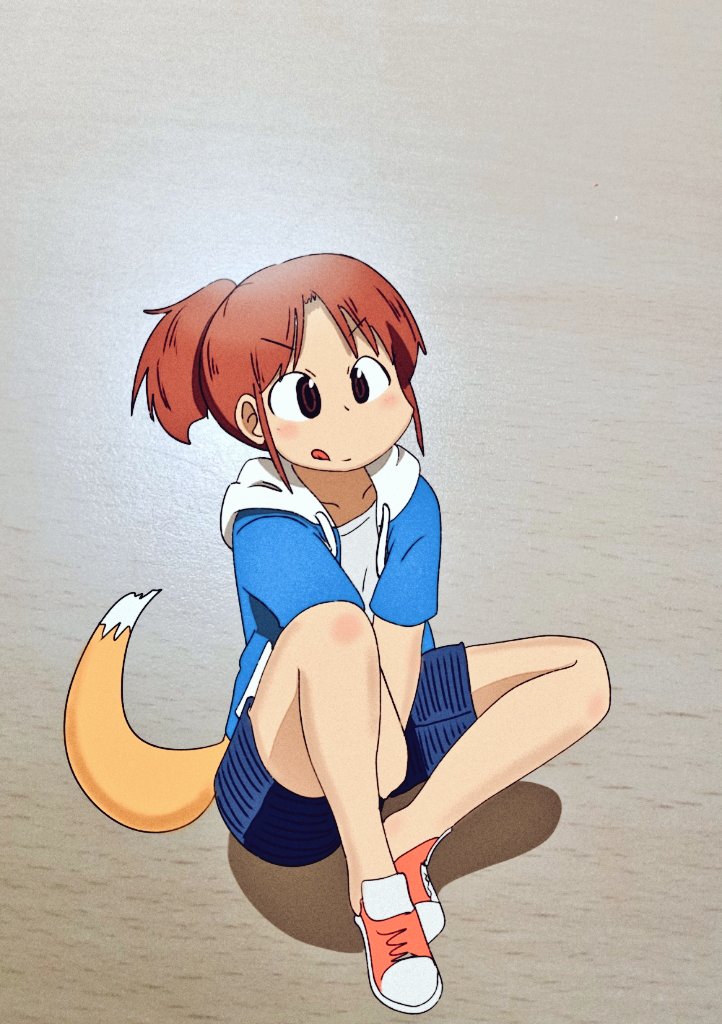 1girl brown_eyes city_(arawi_keiichi) hands_together hood hoodie iwestcityi nagumo_midori ponytail shoes shorts sitting smile sneakers tail tongue tongue_out