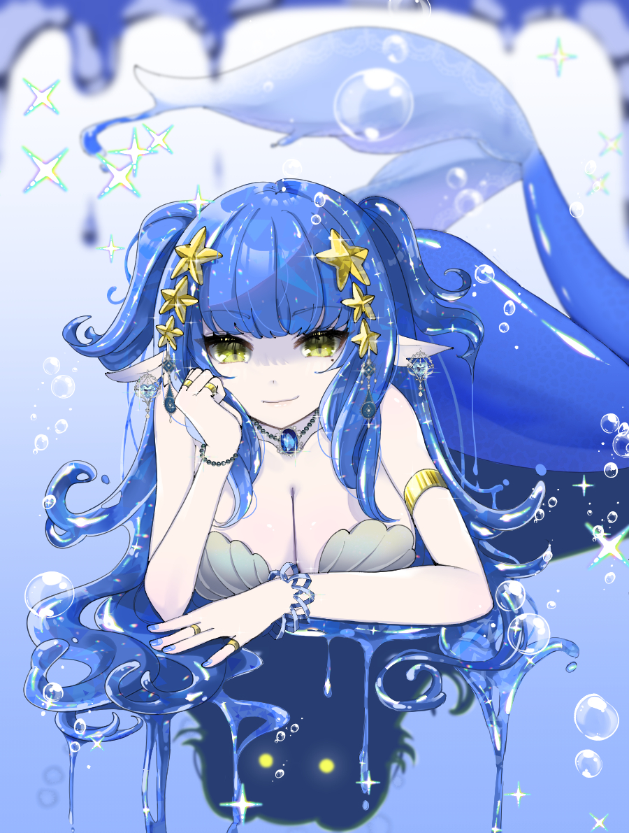 1girl air_bubble bikini blue_hair blunt_bangs breasts bubble cleavage closed_mouth e_ri_ka_006 earrings full_body hair_ornament head_rest jewelry large_breasts long_hair looking_at_viewer mermaid mole mole_under_eye monster_girl multiple_rings necklace original pale_skin pointy_ears ring shell shell_bikini sidelocks smile solo star_(symbol) star_hair_ornament swimsuit two_side_up yellow_eyes