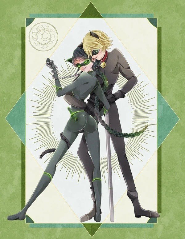 1boy 1girl adrien_agreste animal_ears bell black_bodysuit black_hair black_mask blonde_hair bodysuit braid cat_boy cat_ears cat_girl cat_tail chain chat_noir green_eyes jingle_bell kichichanun8383 lady_noir long_hair looking_at_another marinette_dupain-cheng mask mask_on_head miraculous_ladybug single_braid slit_pupils superhero_costume tail