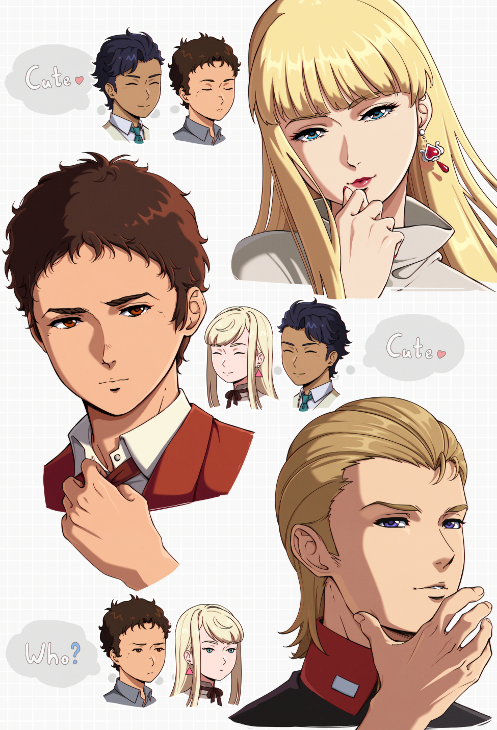 1girl 2boys adjusting_clothes adjusting_necktie black_hair blonde_hair blue_eyes blush brown_eyes brown_hair character_request check_character closed_eyes closed_mouth collared_shirt cropped_head earrings enelous english_text expressionless eyelashes gigi_andalusia grey_background grid_background gundam gundam_hathaway&#039;s_flash hair_slicked_back hand_on_own_chin hathaway_noa heart heart_earrings highres jacket jewelry kenneth_sleg lipstick long_hair looking_at_another looking_at_viewer makeup multiple_boys multiple_views necktie red_jacket red_lips shared_thought_bubble shirt short_hair smile speech_bubble stroking_own_chin thought_bubble turtleneck very_short_hair white_background white_shirt