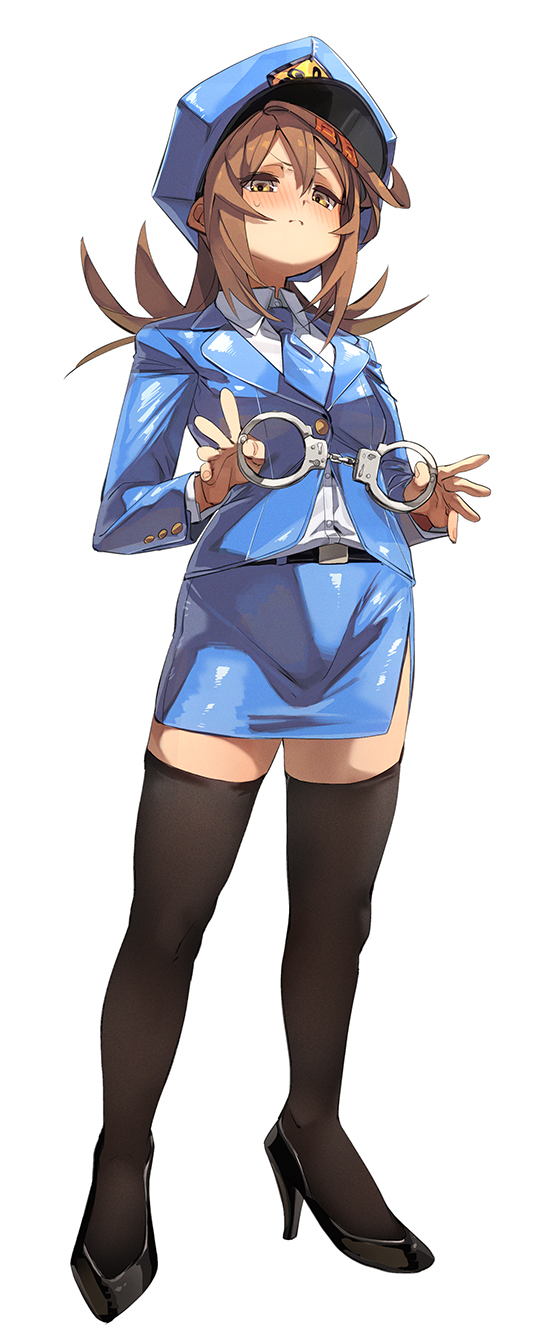 1girl black_thighhighs blazer blue_necktie brown_eyes brown_hair collared_shirt cuffs fu-ta handcuffs hat high_heels highres jacket long_hair miniskirt necktie original peaked_cap police police_uniform shirt side_slit skindentation skirt standing thighhighs usami_taiga white_shirt zettai_ryouiki