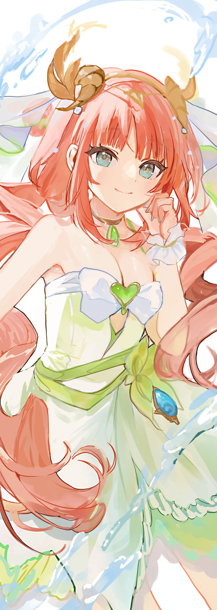 alternate_color alternate_costume aqua_eyes aqua_nails armpits bare_shoulders breasts cleavage closed_mouth dress fingernails frilled_wrist_cuffs frills genshin_impact green_dress hand_up hashtag-only_commentary highres long_hair looking_at_viewer medium_breasts nail_polish nilou_(breeze_of_sabaa)_(genshin_impact) nilou_(genshin_impact) parted_bangs red_hair smile strapless strapless_dress ume_(plumblossom) very_long_hair white_wrist_cuffs wrist_cuffs