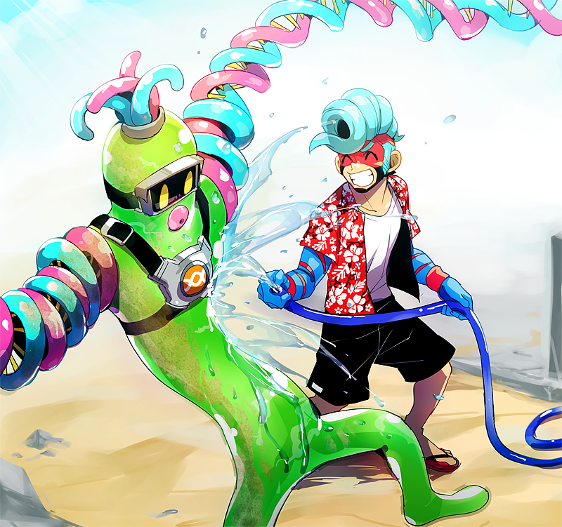 1boy arms_(game) beach blue_hair boxing_gloves dna_man_(arms) domino_mask glass goggles green_eyes male_focus mask monster_boy nekobayashi_(nekoforest) pompadour short_hair slime_boy smile solo spring_man_(arms) water