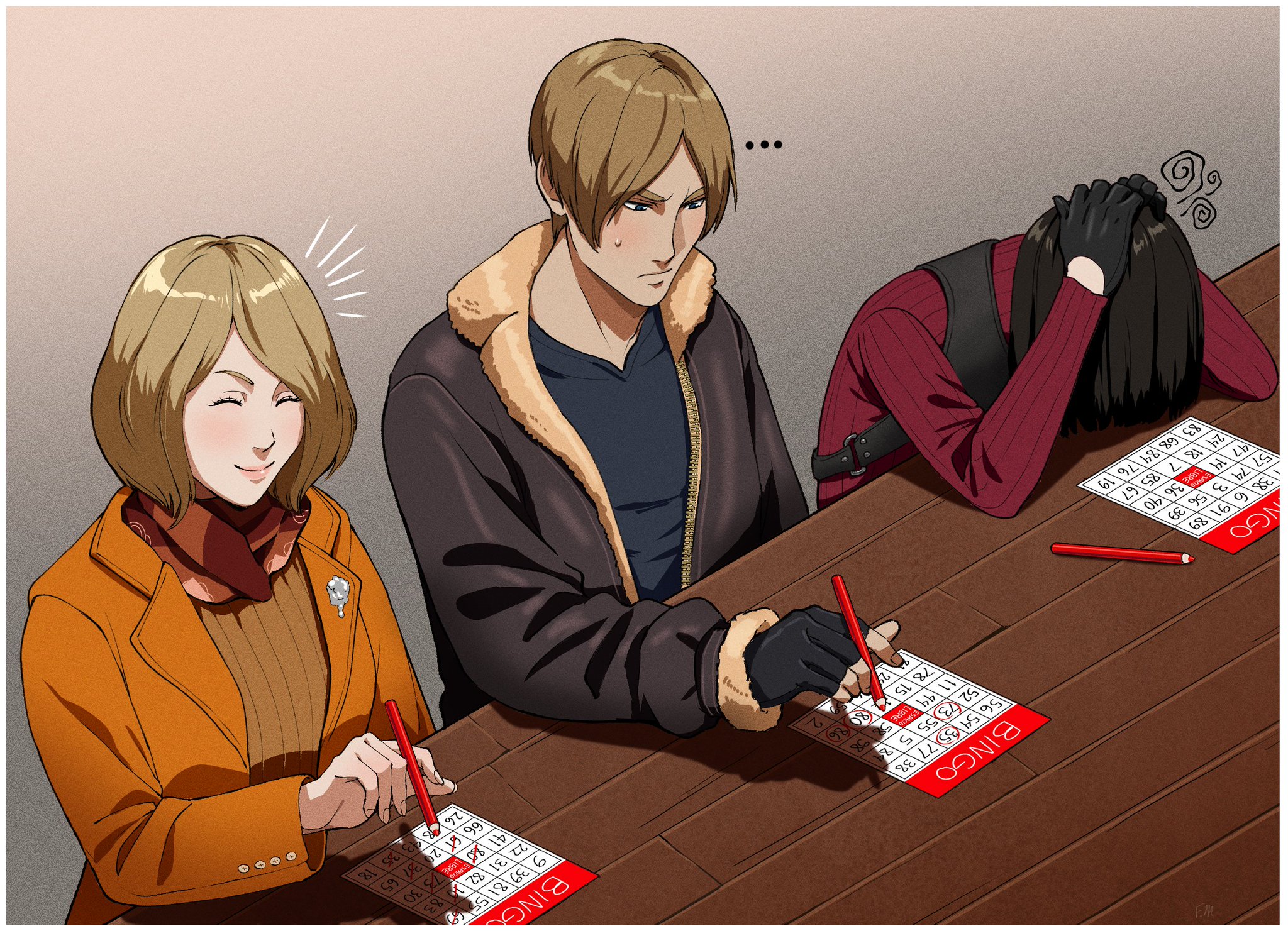 1boy 2girls ada_wong ashley_graham bingo_card black_hair brown_hair francisco_mon highres jacket leon_s._kennedy light_brown_hair long_sleeves multiple_girls resident_evil resident_evil_4 resident_evil_4_(remake) short_hair table