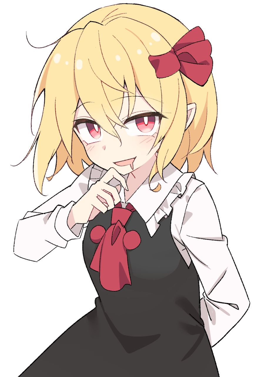 1girl arm_behind_back black_dress blonde_hair blush commentary_request cowboy_shot dress drooling e.o. frilled_shirt_collar frills hair_ribbon hand_up highres long_sleeves looking_at_viewer medium_hair necktie red_eyes red_necktie red_ribbon ribbon rumia shirt simple_background solo touhou white_background white_shirt