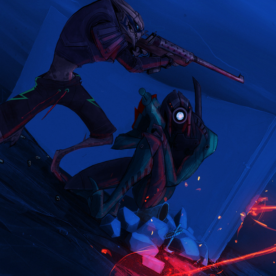 1boy attack dark_background garrus_vakarian geth gun legion_(mass_effect) lintufriikki mass_effect_(series) rifle robot sniper_rifle tumblr tumblr_username turian weapon