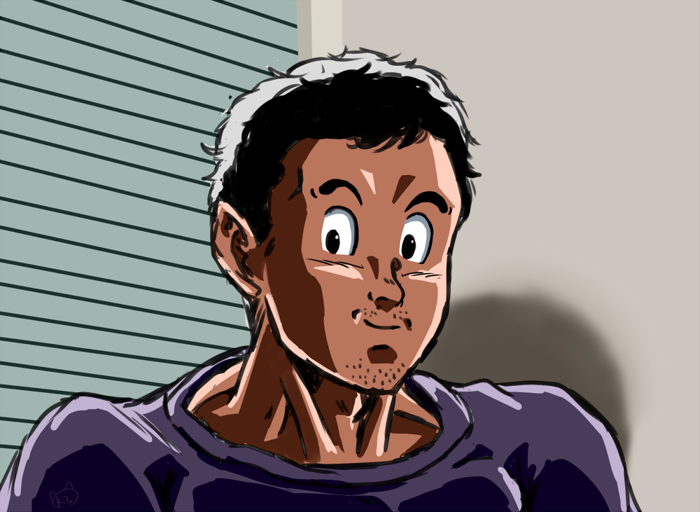 1boy black_hair male_focus manatsu_no_yo_no_inmu purple_shirt shirt toriyama_akira_(style) yajuu_senpai