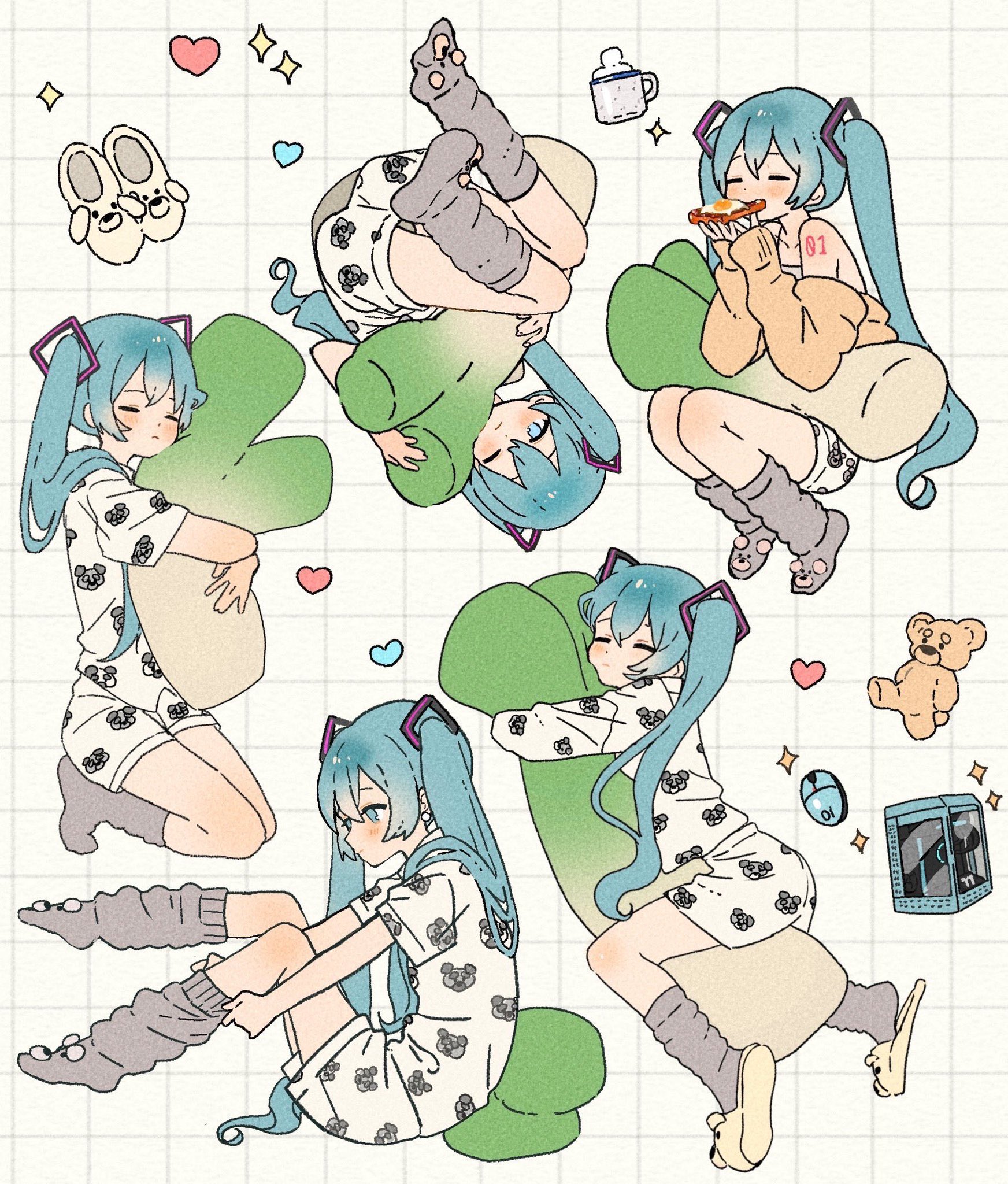 1girl ankle_socks bear_slippers blue_eyes blue_hair bread bread_slice closed_eyes collarbone dot_nose eating expressionless food fried_egg fried_egg_on_toast grey_socks grid_background hair_between_eyes hair_flowing_over hair_ornament hatsune_miku heart highres holding holding_stuffed_toy hugging_object jacket koala light_blush long_hair long_sleeves looking_at_viewer loose_socks maple_(abc2215) monitor multiple_views number_tattoo one_eye_closed open_clothes open_jacket pajamas puffy_long_sleeves puffy_sleeves shirt short_sleeves shorts shoulder_tattoo sleeves_past_wrists slippers socks sparkle spring_onion stuffed_animal stuffed_food stuffed_toy sweater_jacket tank_top tattoo teddy_bear toast twintails upside-down very_long_hair vocaloid white_background white_pajamas white_shirt white_shorts white_tank_top yellow_jacket yellow_slippers
