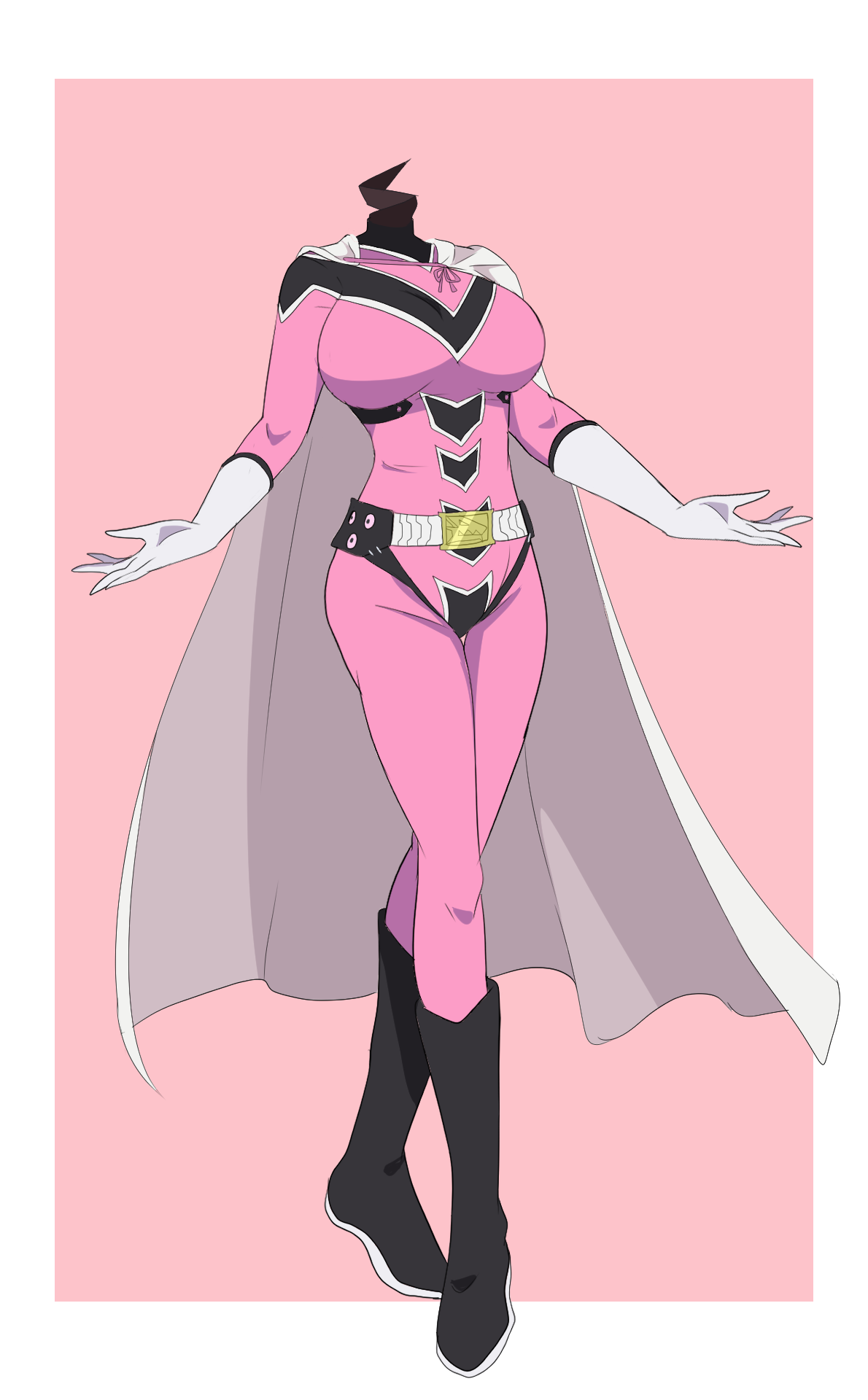 1girl boots border breasts cape doojang gloves headless highres hwalipon large_breasts long_sleeves pants pink_background pink_keeper pink_pants pink_shirt sakurama_sesera sentai_daishikkaku shirt simple_background white_border white_cape white_gloves