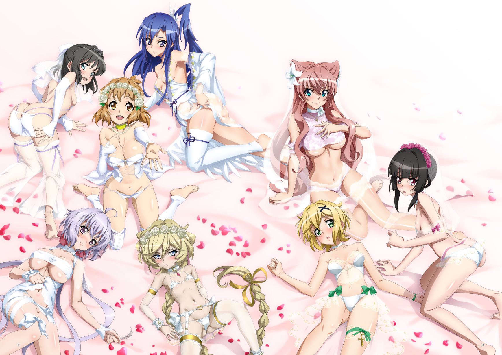 6+girls :d akatsuki_kirika all_fours ass bare_arms bare_legs barefoot black_hair blonde_hair blue_eyes blue_hair bra breasts bridal_lingerie bridal_veil bride brown_eyes brown_hair butt_crack carol_malus_dienheim cleavage closed_mouth detached_sleeves flower fujikawa_daichi green_eyes grey_eyes grey_hair groin hair_between_eyes hair_flower hair_intakes hair_ornament head_wreath high_ponytail highres kazanari_tsubasa kneeling kohinata_miku large_breasts leg_warmers lingerie long_hair long_sleeves looking_at_viewer lying maria_cadenzavna_eve multiple_girls navel on_back on_side open_mouth panties petals pink_hair ponytail purple_eyes reaching reaching_towards_viewer red_flower red_rose rose senki_zesshou_symphogear shiny_skin short_hair short_hair_with_long_locks side_ponytail sideboob small_breasts smile strapless strapless_bra tachibana_hibiki_(symphogear) textless_version thigh_gap tsukuyomi_shirabe underboob underwear underwear_only veil very_long_hair white_bra white_leg_warmers white_panties white_sleeves yukine_chris