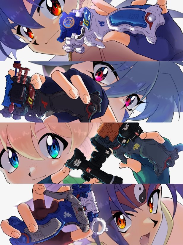 4boys bakuten_shoot_beyblade beyblade black_hair blonde_hair blue_eyes blue_gloves blue_hair brown_eyes brown_gloves close-up facial_mark fingerless_gloves gloves green_gloves hiwatari_kai holding kinomiya_takao kon_rei male_focus mizuhara_max multiple_boys purple_eyes tkoknmy0321