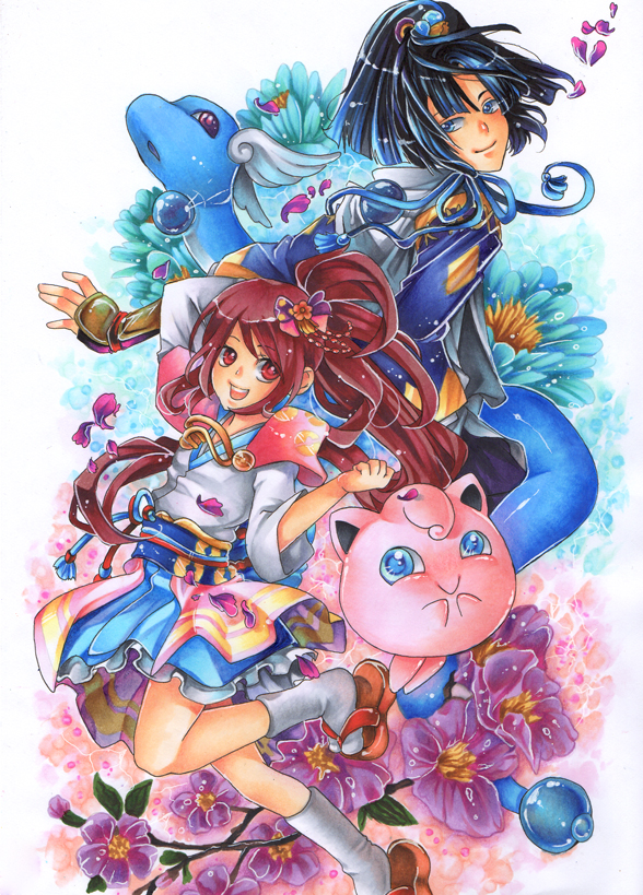 arm_up black_hair blue_eyes blunt_bangs blush creatures_(company) dragonair flower game_freak gen_1_pokemon hair_ribbon japanese_clothes jigglypuff kimono legs looking_back mori_ranmaru nintendo obi oichi oichi_(pokemon_conquest) oichi_(sengoku_musou) open_mouth parted_bangs petals platform_footwear poke_ball_print pokemon pokemon_conquest ponytail red_eyes red_hair ribbon sandals sash sengoku_musou skirt smile tabard tabi thighs