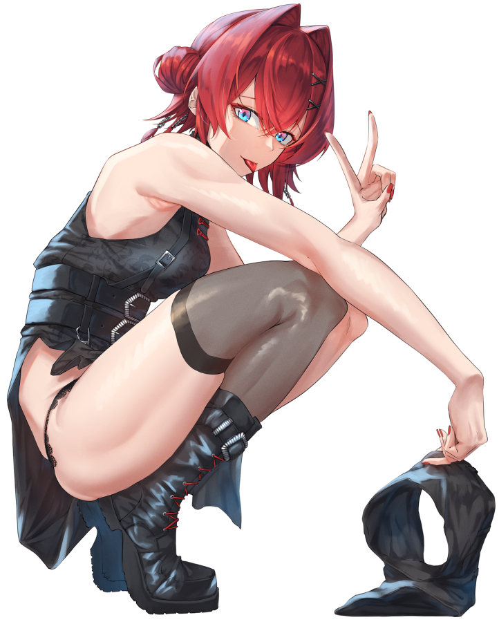 1girl :p ange_katrina ange_katrina_(7th_costume) armpit_peek bare_arms belt belt_boots black_belt black_boots black_dress black_panties black_shorts blue_eyes boots breasts chain china_dress chinese_clothes chromatic_aberration commentary_request crossed_bangs diamond-shaped_pupils diamond_(shape) dress from_side grey_thighhighs hair_between_eyes hair_bun hair_intakes hair_ornament hand_up holding holding_shorts holding_unworn_clothes kuromu lace-up_boots looking_at_viewer looking_to_the_side multicolored_eyes multiple_belts nail_polish nijisanji official_alternate_costume paisley panties panty_straps pink_eyes red_hair red_nails short_dress short_hair short_shorts shorts side_slit simple_background single_thighhigh small_breasts solo squatting symbol-shaped_pupils tassel tassel_hair_ornament thighhighs thighs tiptoes tongue tongue_out transparent_background two-tone_eyes underwear unworn_shorts v virtual_youtuber x_hair_ornament