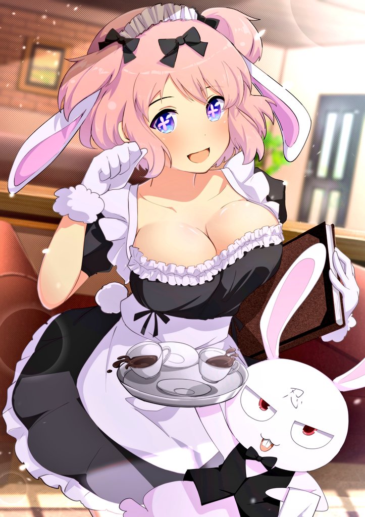 +_+ 1girl :d alternate_costume animal_ears apron betterthanbone2 black_dress blue_eyes blush book booth_seating bow breasts collarbone cup dress enmaided extra_ears flower-shaped_pupils frilled_dress frills fur-trimmed_gloves fur_trim gloves hair_bow hibari_(senran_kagura) holding holding_book holding_tray indoors large_breasts lens_flare light_particles maid maid_apron maid_headdress ninto_(senran_kagura) open_mouth paw_pose pink_hair pink_pupils plant plate rabbit rabbit_ears rabbit_tail restaurant ribbon senran_kagura senran_kagura_shoujo-tachi_no_shin&#039;ei shiny_skin short_hair short_sleeves short_twintails smile solo spill symbol-shaped_pupils tail tea teacup tray tree twintails waist_apron waiter waitress white_apron white_gloves window