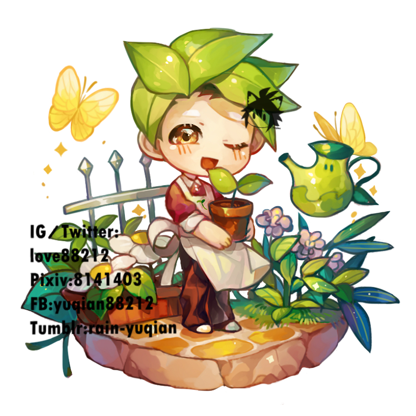 1boy apron brown_eyes brown_shirt chibi collared_shirt cookie_run cookie_run:_ovenbreak food green_hair herb_cookie holding humanization leaf looking_at_viewer male_focus one_eye_closed open_mouth plant potted_plant shirt short_hair smile white_apron white_background yuyu_qianlan