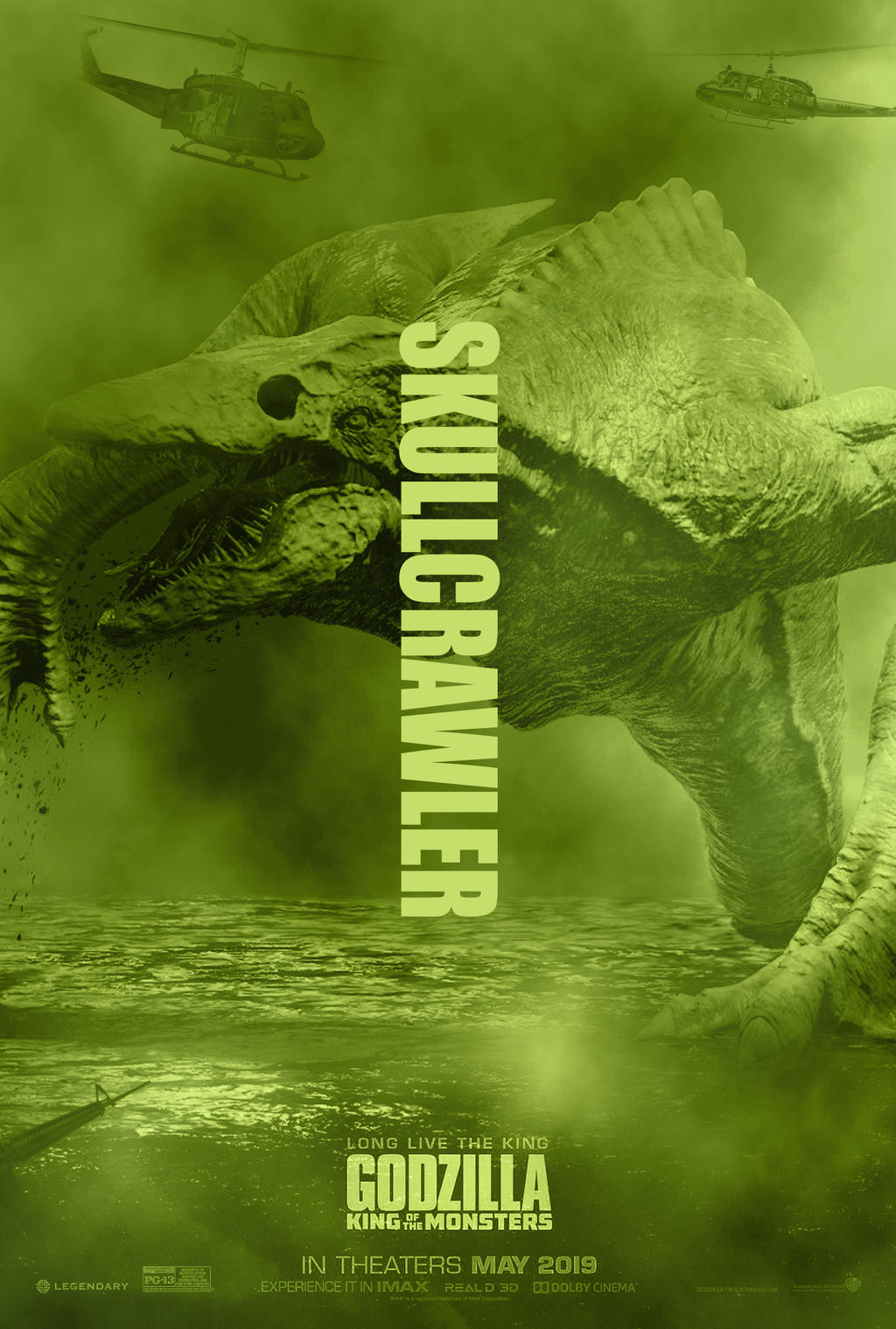 aircraft assault_rifle bell_helicopter colt&#039;s_manufacturing_company emaciated giant giant_monster gun helicopter highres kaiju king_kong_(series) kong:_skull_island legendary_pictures m16 military military_vehicle monster monsterverse movie_poster muscular parody ribs rifle see-through_body skullcrawler style_parody translucent uh-1_iroquois utility_helicopter weapon