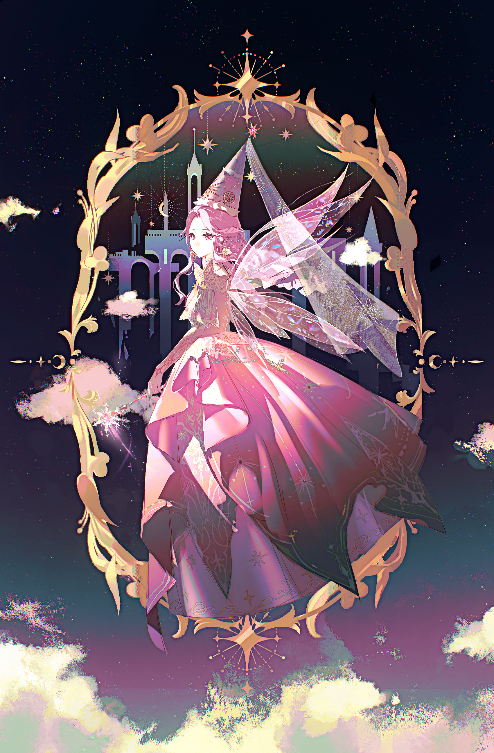 1girl :o absurdres castle chinese_commentary cloud commentary_request crescent dress enchanted_encounter_(infinity_nikki) expressionless eyelashes fairy_wings floating_hair frilled_sleeves frills full_body gown gradient_clothes gradient_dress gradient_hat hat highres holding holding_wand infinity_nikki layered_dress light176 long_dress long_hair looking_at_viewer looking_back mirror nape_braid nikki_(series) parted_lips pink_dress pink_eyes pink_hair pink_hat pink_wings princess puffy_short_sleeves puffy_sleeves purple_hat see-through_clothes see-through_veil short_sleeves solo star_(symbol) two-tone_hat veil wand white_sleeves white_veil wings