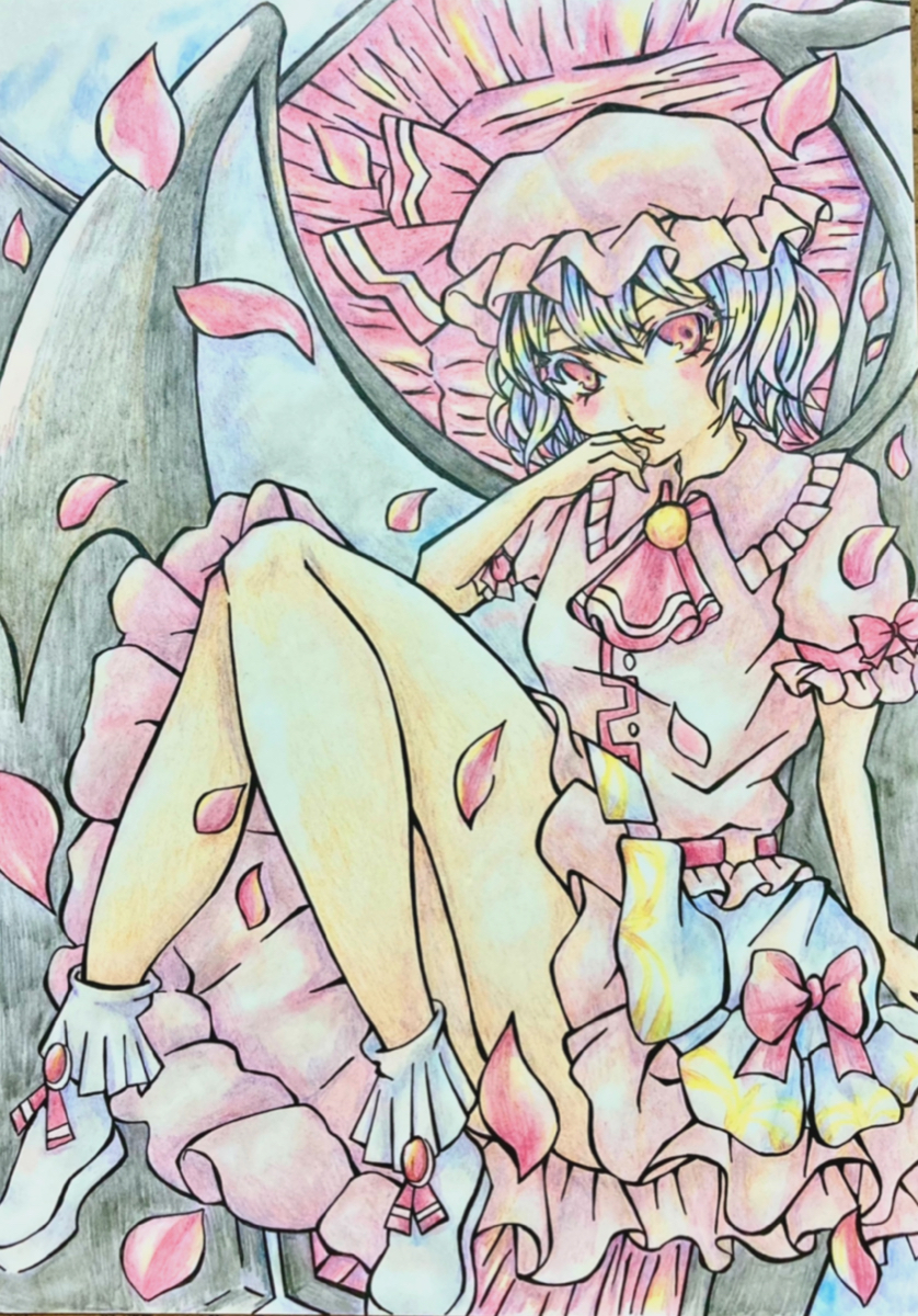 0917yuka 1girl arm_support ascot bat_wings blue_hair collared_shirt convenient_censoring falling_petals finger_to_mouth frilled_shirt_collar frilled_skirt frilled_sleeves frills hair_between_eyes hat highres mob_cap pastel_colors petal_censor petals pink_headwear pink_shirt pink_skirt puffy_short_sleeves puffy_sleeves red_ascot red_eyes red_ribbon remilia_scarlet ribbon ribbon-trimmed_shirt ribbon_trim shirt short_hair short_sleeves skirt socks touhou traditional_media white_footwear white_socks wings