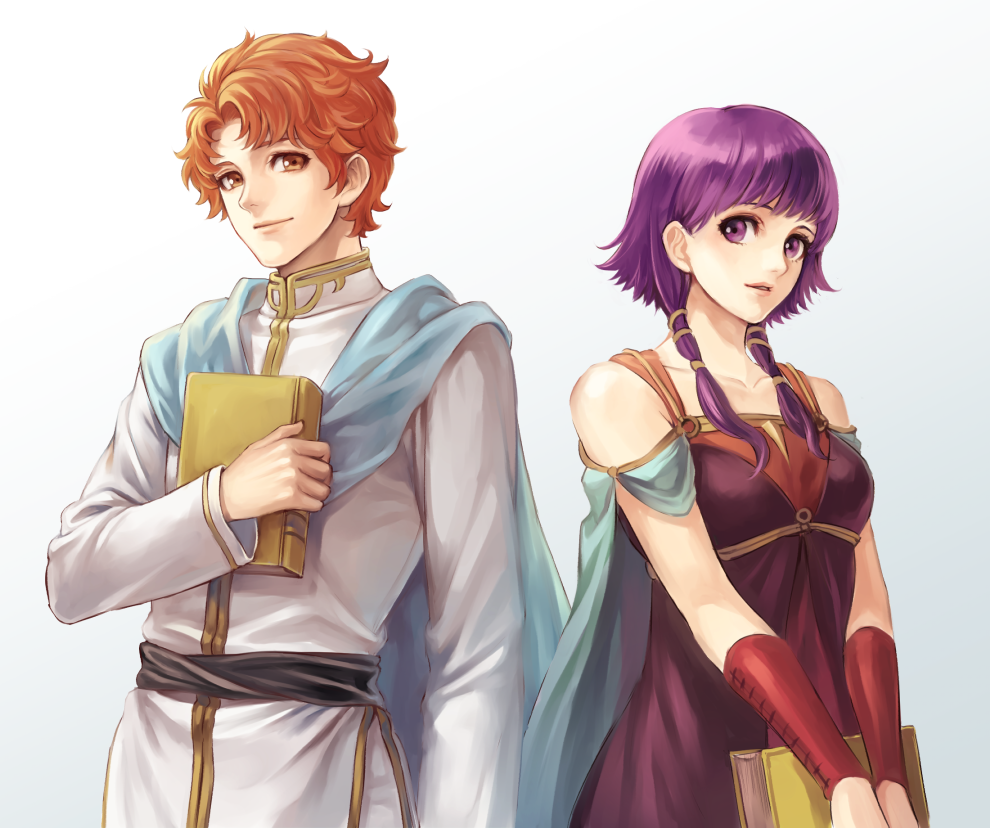 1boy 1girl arm_guards artur_(fire_emblem) bad_id bad_pixiv_id bare_shoulders book breasts cape couple dress fire_emblem fire_emblem:_the_sacred_stones hetero looking_at_another looking_at_viewer lotter75 lute_(fire_emblem) medium_breasts nintendo orange_eyes orange_hair own_hands_together parted_lips priest purple_eyes purple_hair robe short_hair simple_background smile twintails upper_body
