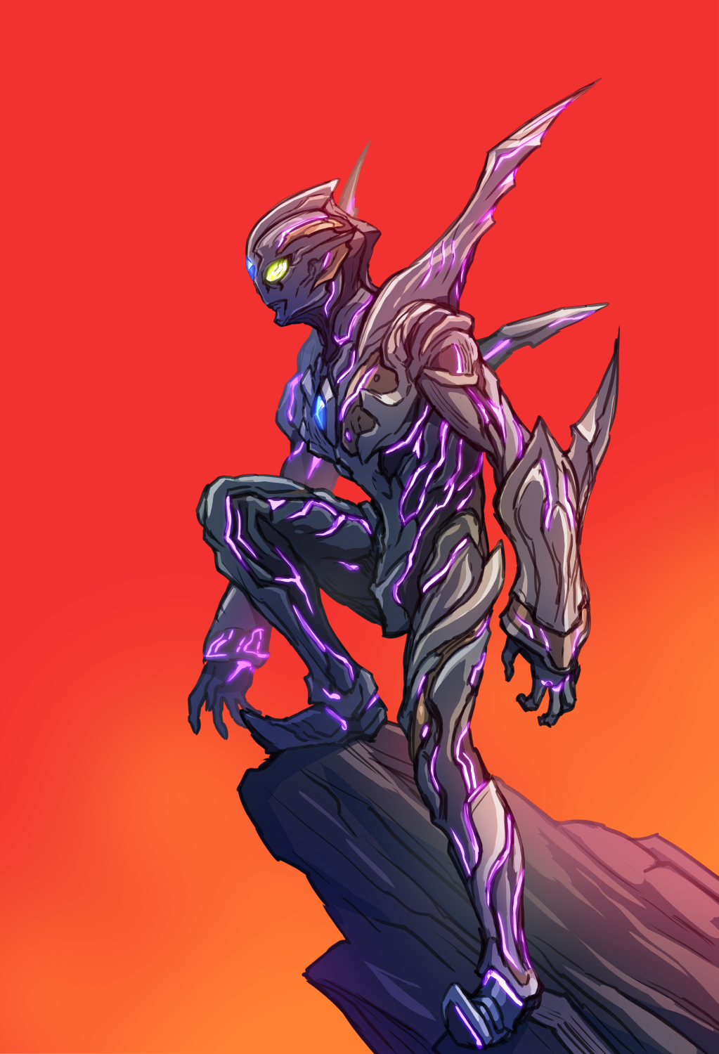 1boy alien black_bodysuit bodysuit character_request color_timer fingernails gauntlets glowing glowing_eyes glowing_lines grey_bodysuit highres kuroda_asaki long_fingernails no_humans no_pupils shoulder_spikes spikes tokusatsu trigger_dark ultra_series ultraman_trigger ultraman_trigger_(series)