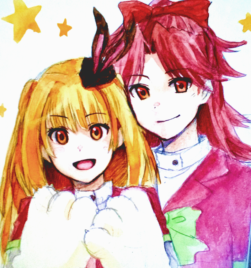 10s 2girls akb0048 blonde_hair hair_ornament hat jikasei multiple_girls open_mouth orange_eyes painting_(medium) ponytail red_eyes red_hair ribbon shinonome_kanata shinonome_sonata siblings sisters smile star_(symbol) traditional_media watercolor_(medium)