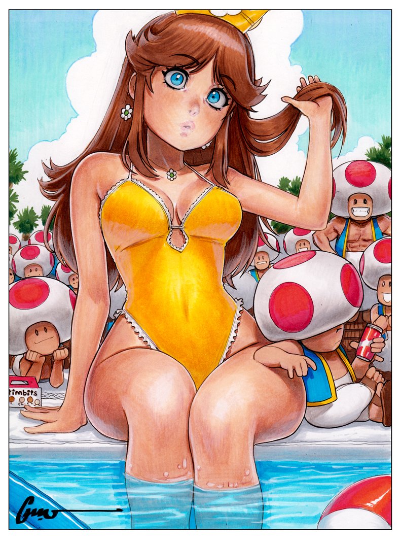 1girl 6+boys ball beachball blue_eyes blue_sky breasts brown_hair cleavage cloud day earrings flower_earrings holding holding_own_hair jewelry lips long_hair mario_(series) marker_(medium) multiple_boys nintendo omar_dogan one-piece_swimsuit outdoors pool poolside princess_daisy red_toad_(mario) signature sitting sky swimsuit tim_hortons toad_(mario) traditional_media vest yellow_one-piece_swimsuit