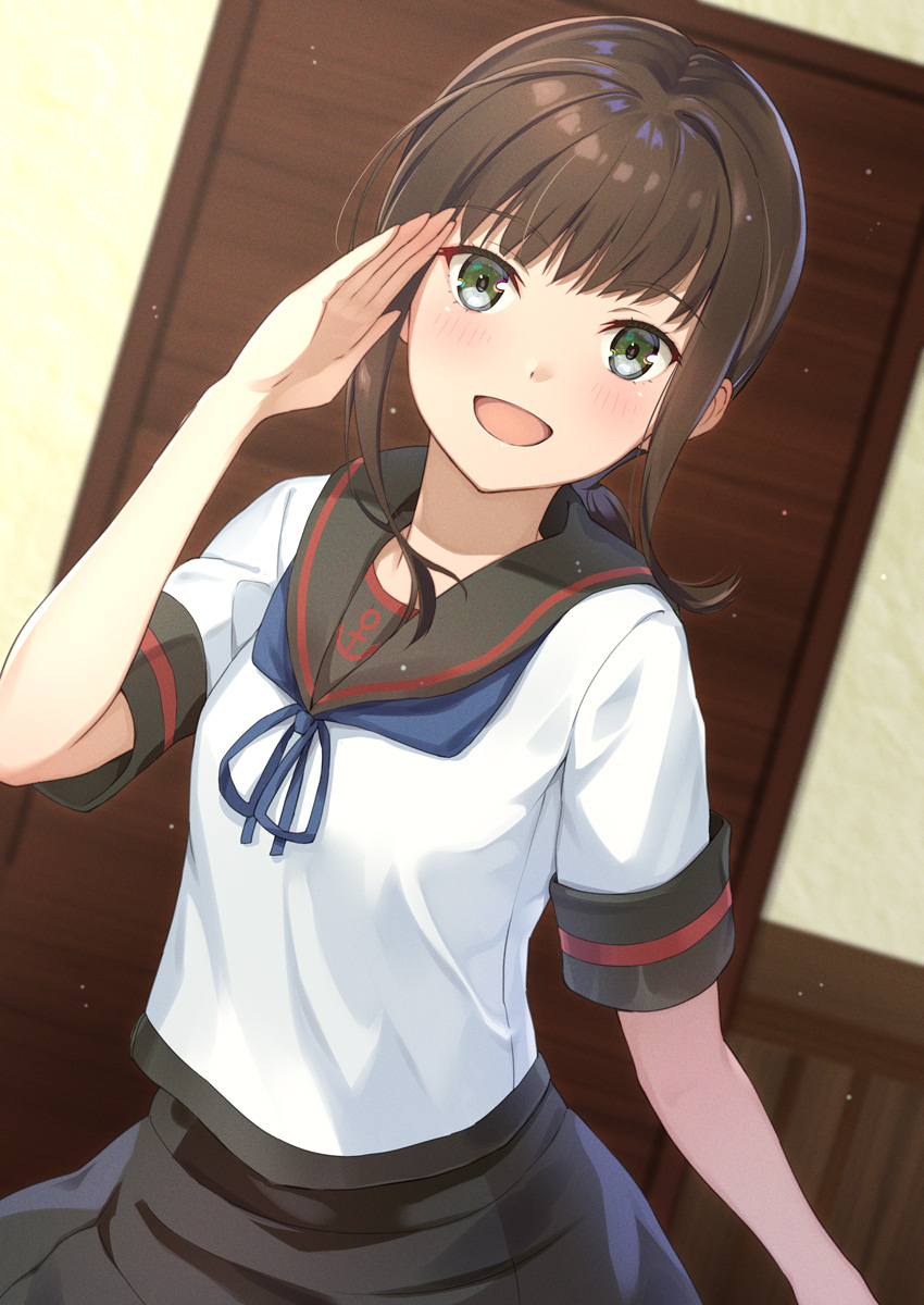 1girl :d black_sailor_collar black_skirt blue_neckerchief blush brown_hair commentary_request commission fubuki_(kancolle) fubuki_kai_ni_(kancolle) green_eyes hand_up highres indoors kanden_sky kantai_collection long_hair looking_at_viewer low_ponytail neckerchief open_mouth paid_reward_available pixiv_commission ponytail sailor_collar salute school_uniform serafuku shirt short_ponytail short_sleeves sidelocks skirt smile solo upper_body white_shirt