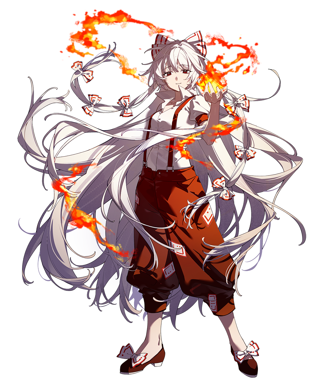 1girl artist_request bow breasts closed_mouth collared_shirt commentary commentary_request english_commentary fire fujiwara_no_mokou full_body grey_hair hair_bow highres long_hair looking_at_viewer mixed-language_commentary multiple_hair_bows ofuda ofuda_on_clothes pants psd_available puffy_short_sleeves puffy_sleeves pyrokinesis red_eyes red_pants red_shoes second-party_source shirt shoes short_sleeves smile solo suspenders tachi-e touhou transparent_background very_long_hair white_shirt