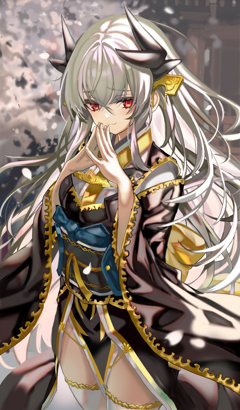 1girl black_horns black_kimono blush breasts dragon_girl dragon_horns fate/grand_order fate_(series) highres horns japanese_clothes kimono kiyohime_(fate) kiyohime_(third_ascension)_(fate) long_hair long_sleeves looking_at_viewer medium_breasts multiple_horns obi red_eyes sash shino_(eefy) thighhighs thighs white_hair white_thighhighs wide_sleeves