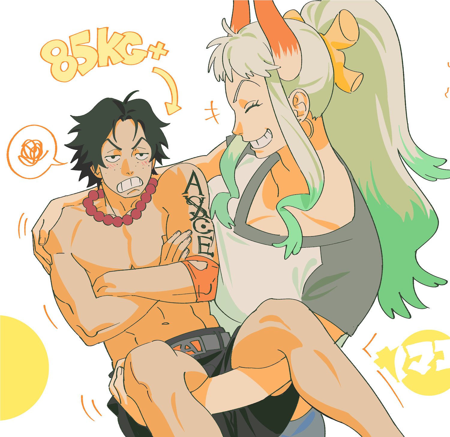1boy 1girl aqua_hair arm_tattoo arrow_(symbol) bead_necklace beads belt black_hair black_shorts blush breath carrying carrying_person closed_eyes crossed_arms demon_horns earrings frown furrowed_brow hair_ornament highres hoop_earrings horns jewelry long_hair lowered_eyelids multicolored_hair multicolored_shirt necklace nyan_2020 one_piece pants portgas_d._ace scribble shirt short_hair shorts smile speech_bubble tall_female tattoo teeth topless_male weight white_background white_hair white_shirt yamato_(one_piece) yellow_circle