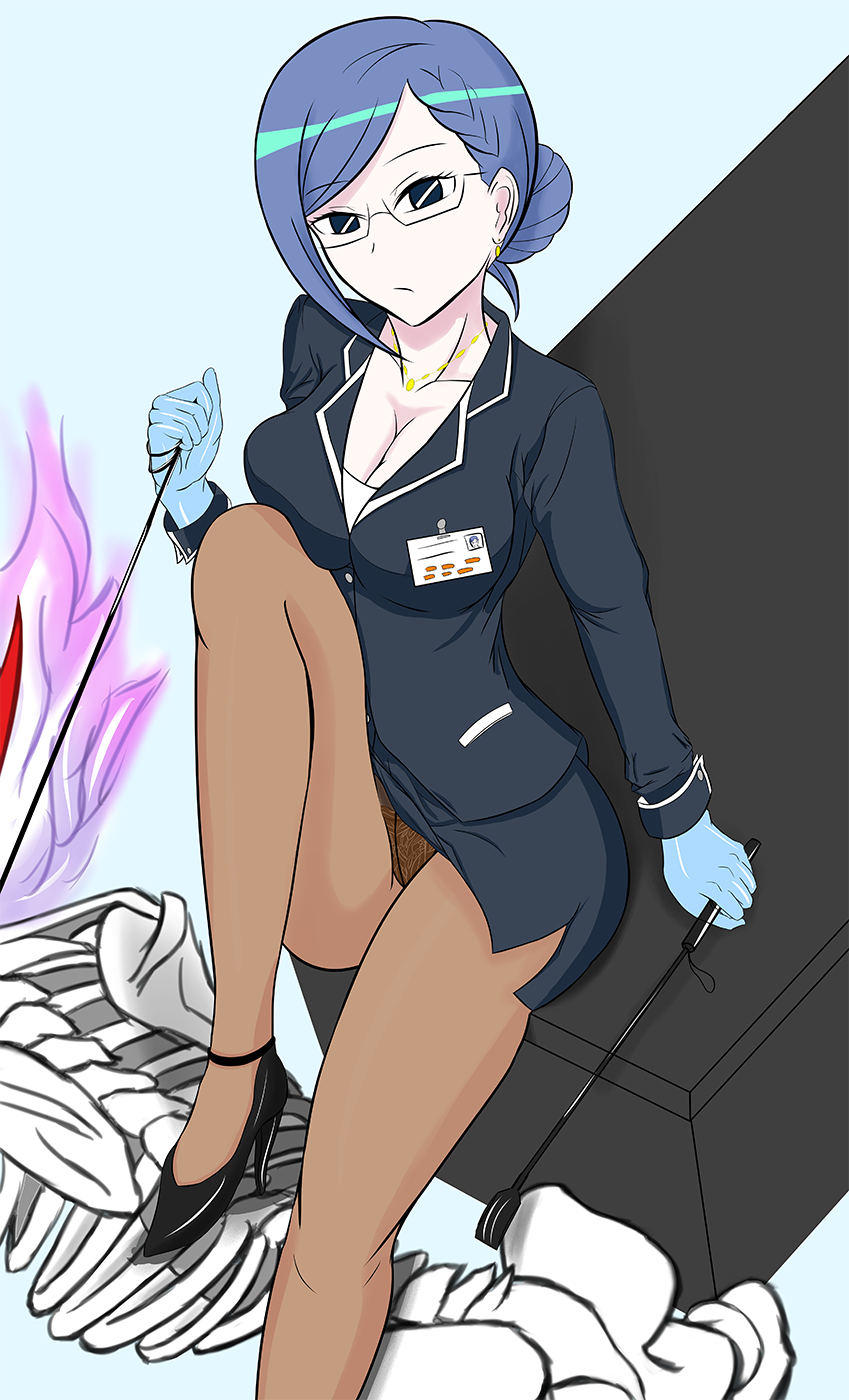 10s 1boy 1girl bdsm black_panties blue_eyes blue_hair bondage bound breasts cleavage femdom glasses high_heels highres large_breasts leash over_justice panties pantyhose secretary_(uchuu_patrol_luluco) skeleton skirt table uchuu_patrol_luluco underwear upskirt whip