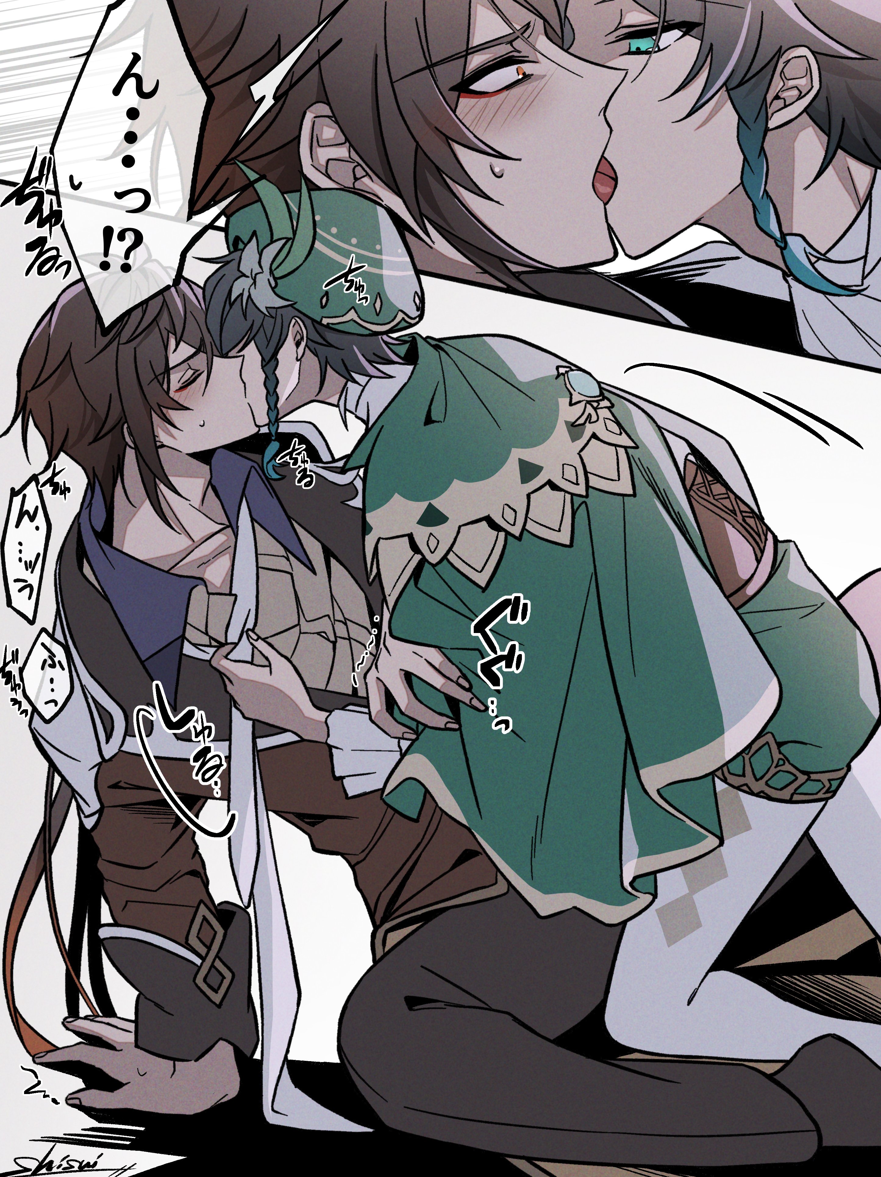 2boys absurdres androgynous argyle_clothes argyle_legwear beret black_hair blue_hair blush braid brown_hair clothes_grab collared_cape collared_shirt commentary_request corset eyeliner flower formal_clothes french_kiss frilled_sleeves frills genshin_impact gradient_hair green_eyes green_headwear green_shorts hair_between_eyes hair_flower hair_ornament hat highres jacket josou_seme kiss leaf long_hair long_sleeves makeup male_focus multicolored_hair multiple_boys necktie necktie_grab neckwear_grab orange_hair pantyhose ponytail removing_neckwear shirt shisui53 short_hair_with_long_locks shorts side_braids sidelocks simple_background speech_bubble suit sweat translation_request twin_braids venti_(genshin_impact) white_background white_flower white_legwear white_necktie white_shirt yaoi yellow_eyes zhongli_(genshin_impact)