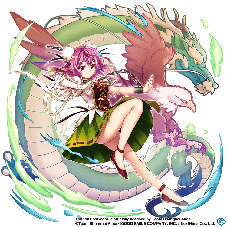 1girl bandaged_arm bandages bird breasts bun_cover chain copyright_notice cuffs double_bun dragon eagle fighting_stance flower green_skirt hair_bun ibaraki_kasen large_breasts light_smile looking_at_viewer official_art pink_eyes pink_flower pink_hair pink_rose pleated_skirt red_footwear red_tabard rose rotte_(1109) shackles shirt skirt solo tabard touhou touhou_lostword transparent_background white_shirt