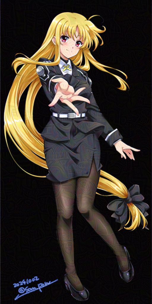 1girl blonde_hair blush breasts commentary_request fate_testarossa full_body long_hair looking_at_viewer lyrical_nanoha medium_breasts military_uniform pantyhose reaching reaching_towards_viewer red_eyes ribbon san-pon simple_background smile standing