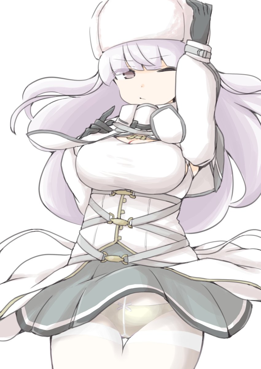 1girl akara_kai black_gloves breasts capelet cleavage cowboy_shot dress fur_hat gloves green_panties hat highres kantai_collection kirov_(kancolle) large_breasts long_hair looking_at_viewer one_eye_closed panties pantyhose papakha pink_eyes pink_hair pleated_skirt skirt solo underwear white_background white_capelet white_dress white_hat white_pantyhose