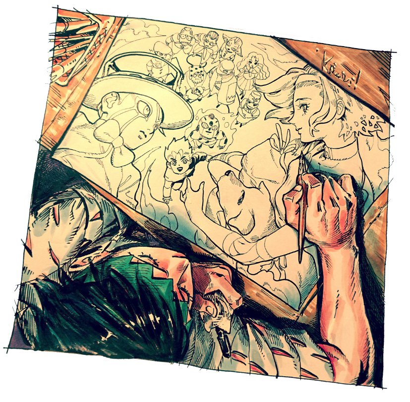 3girls animal baby bakin_(jojo) black_hair choker commentary_request dog drawing_(action) echoes_(stand) from_above fungami_yuya green_headband hairband hat hazekura_mikitaka headband heaven&#039;s_door higashikata_josuke hirose_koichi jojo_no_kimyou_na_bouken joseph_joestar joseph_joestar_(old) kishibe_rohan kotteri kuujou_joutarou long_hair looking_at_another looking_at_viewer multiple_boys multiple_girls neck_ribbon nijimura_okuyasu pen ribbon shirt shizuka_joestar short_hair smile sugimoto_reimi tonio_trussardi yamagishi_yukako