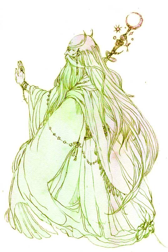 1990s_(style) 1boy bad_id bad_pixiv_id bald cloak eyebrows facial_hair final_fantasy final_fantasy_iv fusoya long_hair male_focus monochrome mustache retro_artstyle robe sakizou simple_background solo staff traditional_media very_long_hair