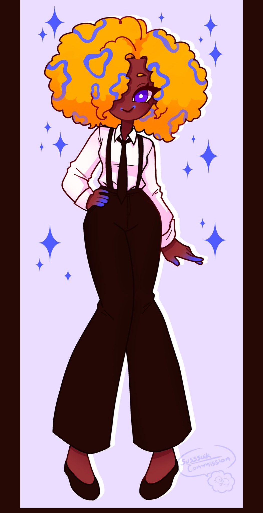 1girl black_necktie black_pants black_shoes black_suspenders collared_shirt dark-skinned_female dark_skin hair_over_one_eye hand_on_own_hip highres long_sleeves looking_at_viewer necktie nintendo orange_hair pants patterned_hair purple_background purple_eyes second-party_source shirt shirt_tucked_in shoes smile solo sparkle splatoon_(series) splatoon_3 susssuik tao_blu white_shirt