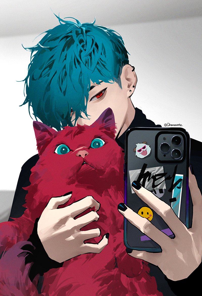 1boy animalization aphelios black_nails black_shirt blue_eyes blue_hair cat cellphone chanoo_artz commentary covered_mouth ear_piercing earrings hair_over_one_eye heartsteel_aphelios holding holding_phone jewelry league_of_legends long_sleeves male_focus multiple_earrings nail_polish one_eye_covered phone piercing red_cat red_eyes red_fur scar scar_on_face scar_on_nose sett_(league_of_legends) shirt short_hair sleeves_past_wrists smartphone sticker stud_earrings