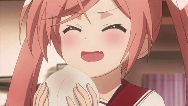 1girl animated animated_gif chewing closed_eyes closed_mouth curtains dot_nose eating fang female_focus food hair_ornament hairclip heart heart_hair_ornament hidan_no_aria holding holding_food indoors kanzaki_h._aria open_mouth pink_hair solo twintails