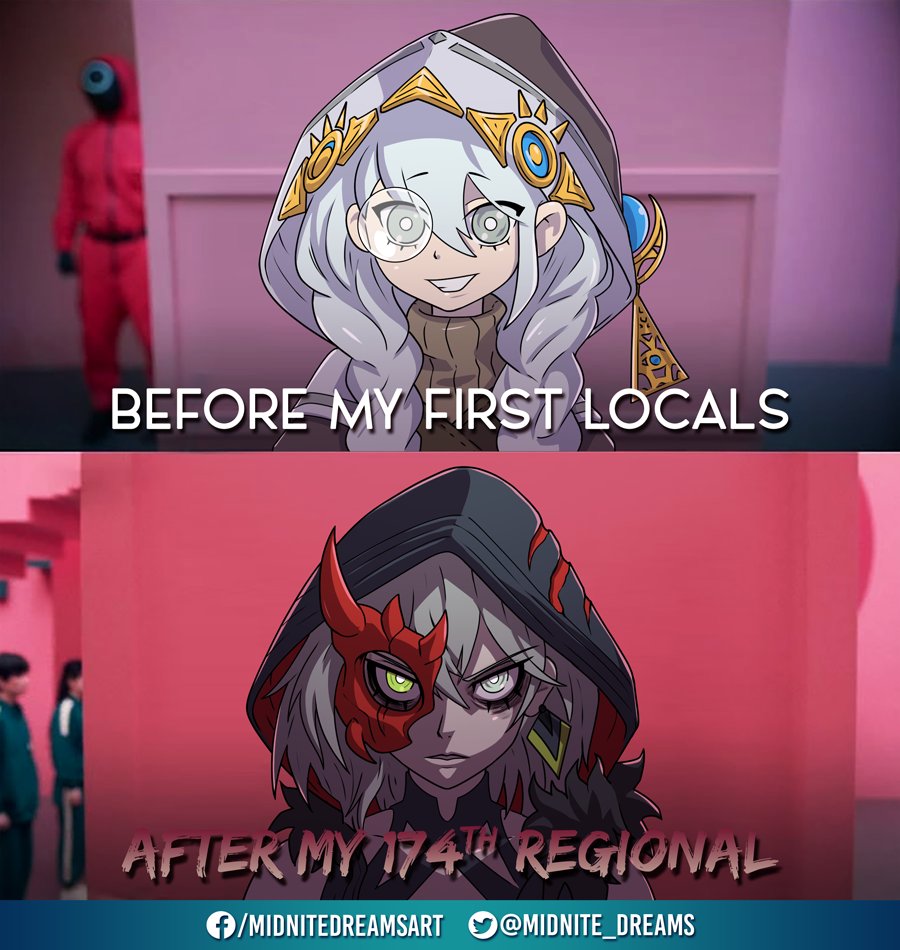 1girl artist_name astellar_of_the_white_forest before_and_after black_hood diabellstar_the_black_witch duel_monster english_text green_eyes grey_eyes grey_hair grin half_mask heterochromia hood looking_at_viewer low_twintails mask meme midnite_dreams monocle photo-referenced photo_background serious shaded_face smile squid_game straight-on twintails year_1_&amp;_year_2_(squid_game)_(meme) yu-gi-oh!