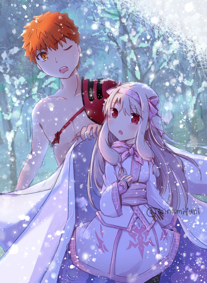 1boy 1girl :o ainu_clothes cape commentary_request emiya_shirou fate/grand_order fate_(series) hairband holding holding_unworn_cape holding_unworn_clothes long_hair low-tied_sidelocks minafuni one_eye_closed open_mouth orange_eyes orange_hair pink_hairband senji_muramasa_(fate) sidelocks single_sleeve sitonai_(fate) snowing tree twitter_username unworn_cape