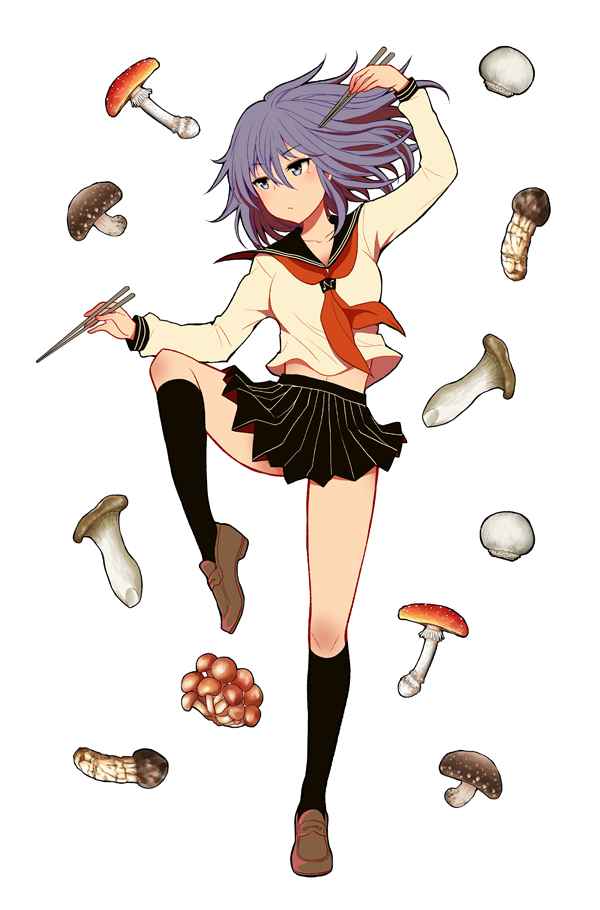 1girl amaguri_senko blue_eyes chopsticks dual_wielding hair_between_eyes henjo_~hen_na_joshi_kousei_amaguri_senko~ holding mushroom purple_hair school_uniform serafuku short_hair skirt ubizo