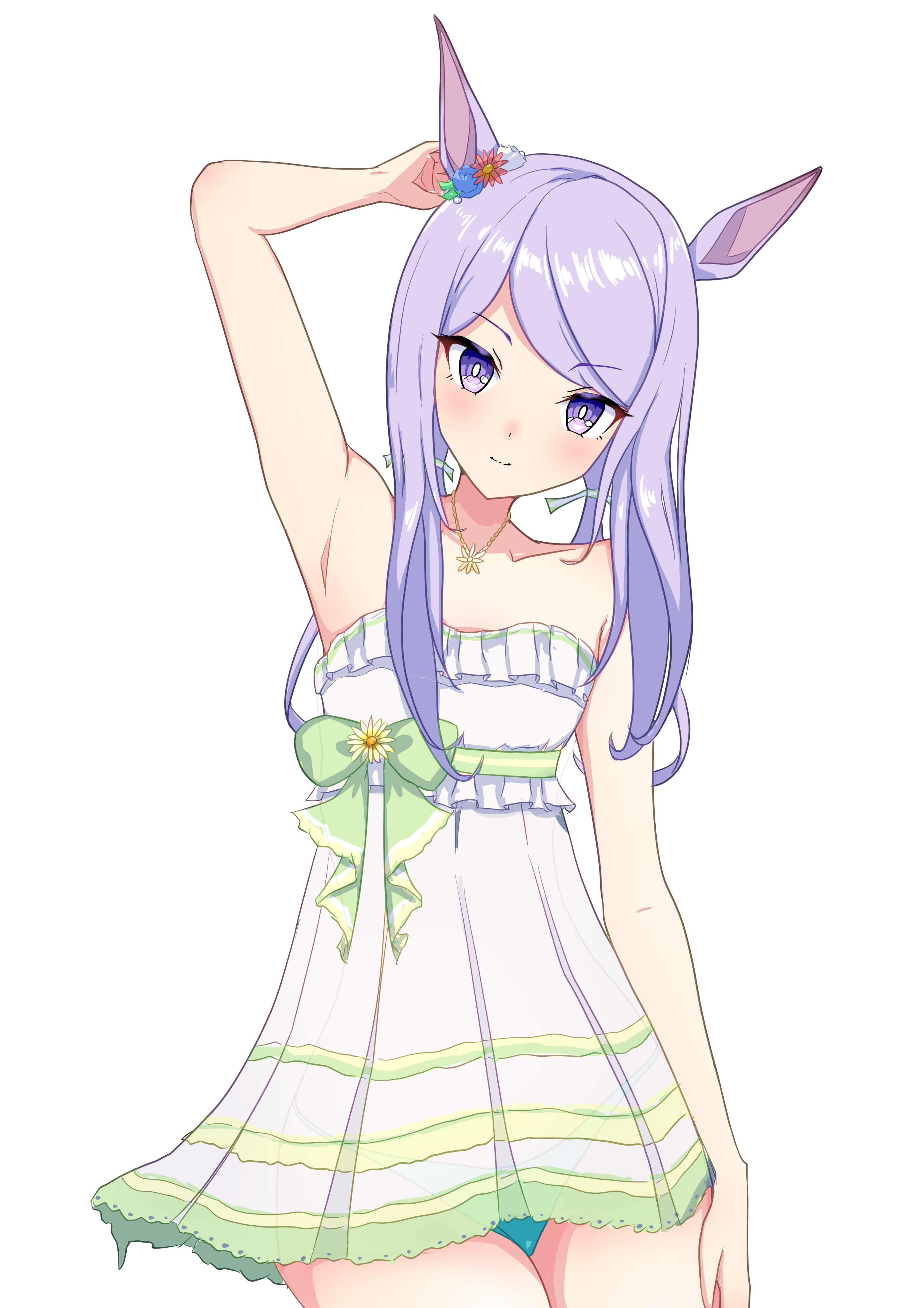 1girl absurdres animal_ears arm_behind_back arm_up armpits bare_shoulders bikini blue_flower bow bracelet breasts closed_mouth cowboy_shot detached_sleeves dress dress_swimsuit flower flower_bracelet flower_request frilled_bikini frilled_dress frills green_bow green_dress green_ribbon green_trim hair_flower hair_ornament hair_ribbon highres horse_ears horse_girl horse_tail jewelry kpkppeca light_smile long_hair looking_at_viewer looking_to_the_side low_twintails mejiro_mcqueen_(ripple_fairlady)_(umamusume) mejiro_mcqueen_(umamusume) multicolored_dress multiple_bracelets necklace official_alternate_costume official_alternate_hairstyle pink_flower purple_eyes purple_hair purple_tail ribbon shoes short_sleeves sidelocks simple_background sleeveless sleeveless_dress small_breasts solo standing swimsuit tail twintails umamusume waist_bow white_background white_dress white_flower white_sleeves