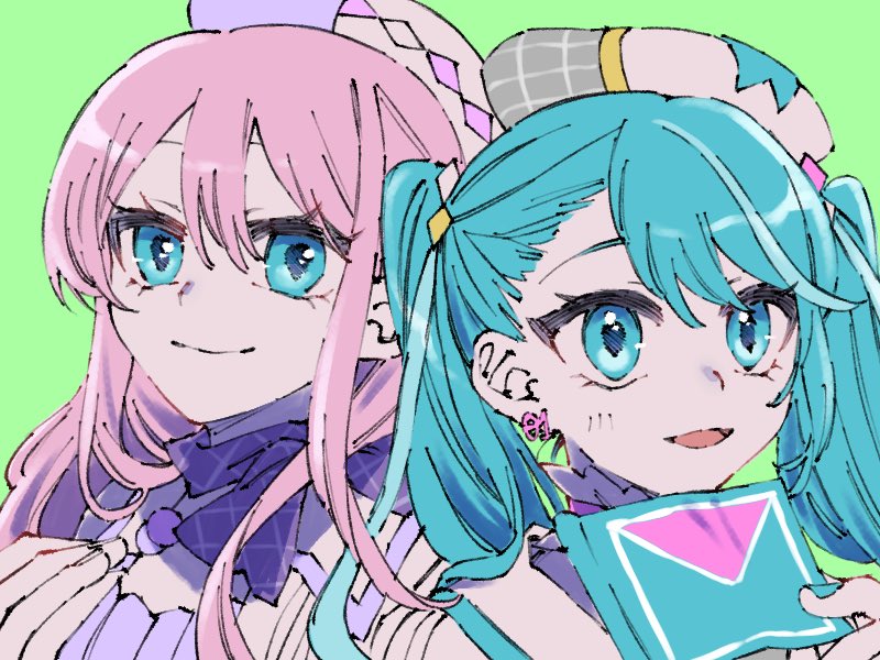 2girls alternate_costume aqua_eyes aqua_hair beret closed_mouth commentary earrings green_background hair_between_eyes hat hatsune_miku holding jewelry long_hair looking_at_viewer magical_mirai_(vocaloid) magical_mirai_luka magical_mirai_luka_(2024) magical_mirai_miku magical_mirai_miku_(2024) megurine_luka multiple_girls open_mouth pink_hair purple_scarf scarf smile tere_douga twintails vocaloid