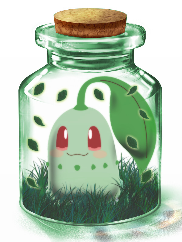 3d bottle_meme_(pixiv) chikorita cork gen_2_pokemon grass in_container jar nintendo no_humans pokemon pokemon_(creature) popo_xxx