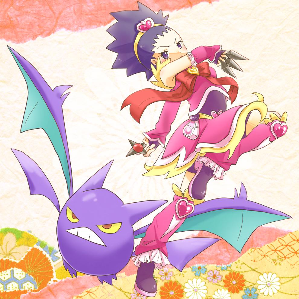 1girl alternate_costume bat_wings c_notaso collage_background colored_sclera cosplay creatures_(company) crobat cure_bloom cure_bloom_(cosplay) futari_wa_precure_splash_star game_freak gen_2_pokemon heart holding holding_shuriken holding_weapon janine_(pokemon) kunai looking_at_viewer nintendo pink_skirt pokemon pokemon_(creature) pokemon_hgss precure purple_eyes purple_footwear shuriken skirt weapon wings yellow_sclera
