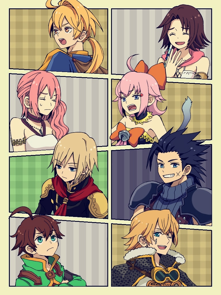 ace_(fft-0) black_hair blonde_hair blue_eyes breasts cat_tail closed_mouth commentary_request crossover dissidia_final_fantasy dissidia_final_fantasy_opera_omnia final_fantasy final_fantasy_crystal_chronicles final_fantasy_crystal_chronicles:_echoes_of_time final_fantasy_crystal_chronicles:_ring_of_fates final_fantasy_crystal_chronicles_the_crystal_bearers final_fantasy_tactics final_fantasy_type-0 final_fantasy_vii final_fantasy_x final_fantasy_x-2 final_fantasy_xiii final_fantasy_xiii-2 ichi_(pixiv6373491) jewelry layle medium_hair multiple_boys multiple_girls necklace pink_hair ramza_beoulve serah_farron sherlotta short_hair side_ponytail smile tail yuna yuri_(ffcc) zack_fair