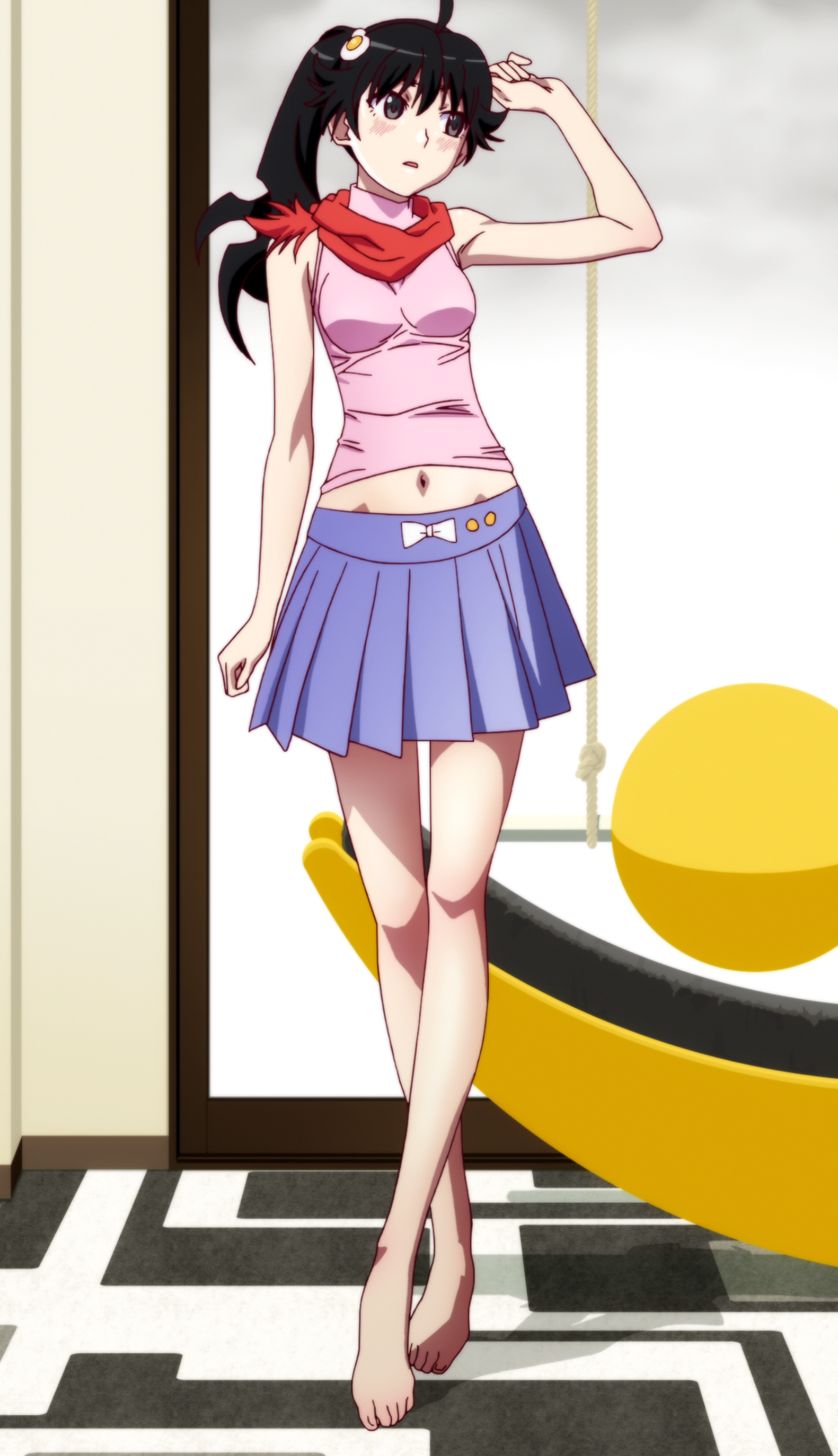 1girl absurdres ahoge anime_screenshot araragi_karen armpits asymmetrical_hair barefoot black_hair blush egg_(food) female_focus food fried_egg hair_ornament hairclip highres long_legs midriff miniskirt monogatari_(series) navel neckerchief nisemonogatari side_ponytail skirt solo stitched tank_top third-party_edit