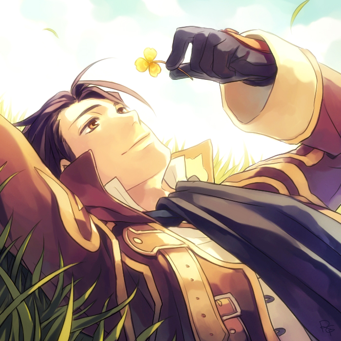 1boy alvin_(tales) bad_id bad_pixiv_id black_gloves black_hair brown_eyes coat flower gloves grass lying male_focus minamigahara rogin_(log-in) sky smile solo tales_of_(series) tales_of_xillia